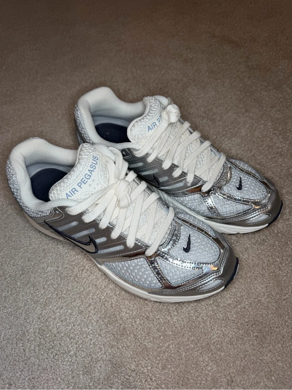 Nike Women’s Silver & White Running Sneakers with Black Swoosh